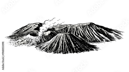 A detailed black and white illustration of a volcanic landscape featuring multiple cones, one actively emitting smoke and ash, showcasing the raw power of geological formations.