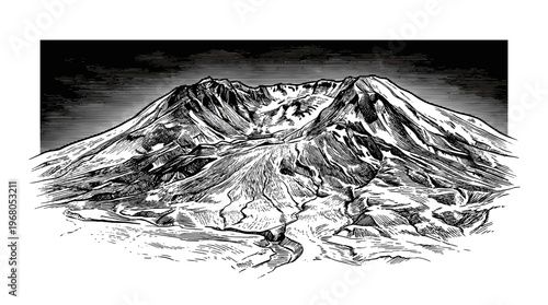 A detailed, dramatic black and white illustration of the Mount St. Helens crater, showcasing its rugged terrain and the aftermath of its eruption.