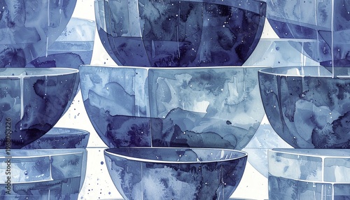 Abstract watercolor illustration of blue bowls, artistic pattern.