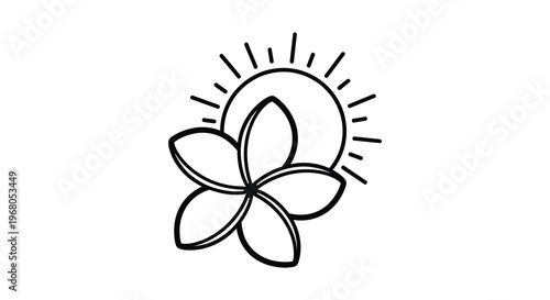 A minimalist line drawing depicts a floral bloom with radiating lines behind creating a sun like effect silhouette high quality professional detailed