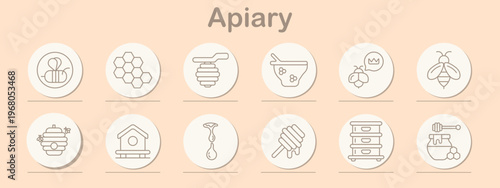 Apiary set icon. Line symbols depict honey gift, honeycomb cells, hanging hive, honey bowl, queen bee, flying bee, hive cluster, wooden house, dripping honey, honey dipper