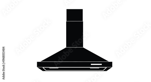 A black and white silhouette of a modern kitchen range hood isolated on a white background