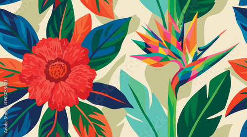 Vibrant tropical flowers and lush foliage in a seamless pattern.