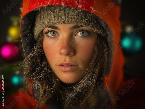 Girl in orange jacket with snow on her hair and Christmas ornaments