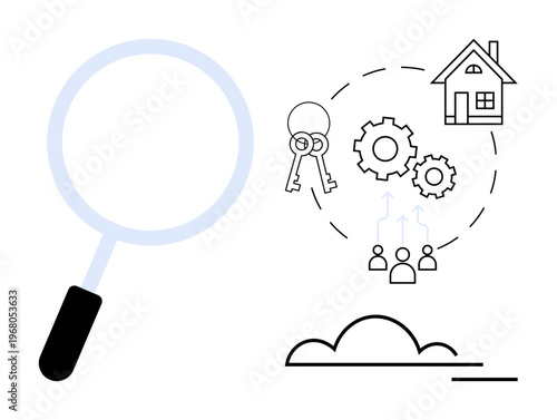 Real estate, investment, housing, property management, teamwork, network development. Magnifying glass, house keys gears and people network. Real estate and investment concept
