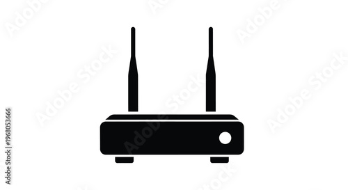 A simple black silhouette depicts a wireless router with two antennas facing upwards high quality professional