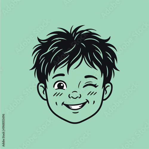 Smiling Boy Cartoon Face Closeup.