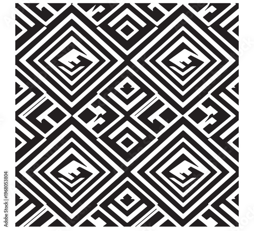 Intricate black and white geometric abstract pattern. Seamless design with interlocking diamond shapes and angular lines. Captivating visual rhythm, ideal for modern backgrounds, textile prints