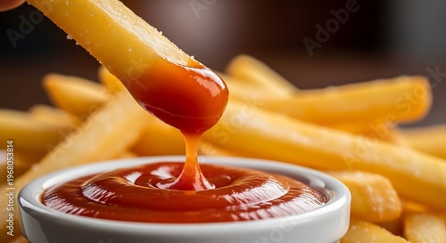 French fry dipped in ketchup sauce with french fries background.