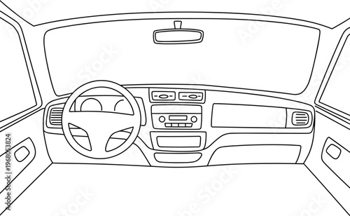 Car interior dashboard vector line illustration with steering wheel, automotive cabin design, vehicle cockpit view