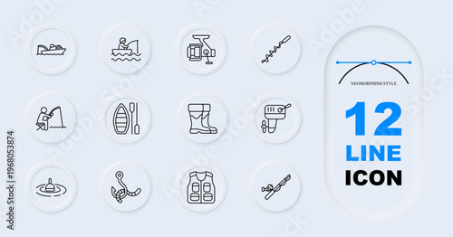 Fishing activity set icon. Line style icons display motorboat, fishing rod action, reel device, skewer lure, fisherman catching, kayak paddle, rubber boots, electric reel, float bobber