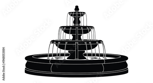 A striking black silhouette of a tiered fountain with ornate detailing and cascading water features a beautiful silhouette high quality professional