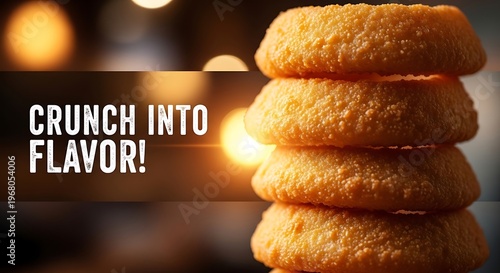 Stack of crunchy onion rings text crunch into flavor.