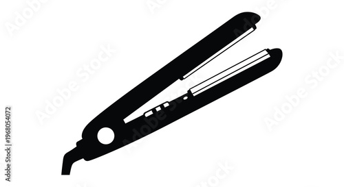 A black and white silhouette of a modern hair straightening iron shown on a plain background