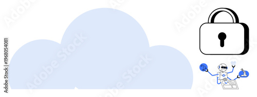 Data security, cloud storage, online privacy, automation, cybersecurity, AI security. Large cloud shape with a padlock and robot holding icons. Data security and cloud storage concept