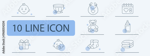 Baby care set icon. Infant face bowl bib calendar toy bottle gift cry socks towel childcare objects hygiene routine newborn items.
