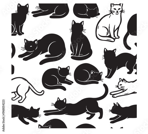 Charming seamless pattern of playful felines in natural poses, depicted in striking black and white silhouettes, ideal for versatile design applications