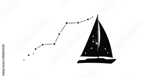 Silhouette of a sailboat navigating a constellation path across a white canvas, suggesting a journey guided by stars or celestial navigation in maritime travel.