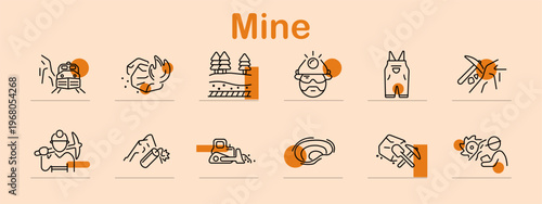 Mine set icon. Line symbols depict drilling machine, rock fragment, forest ground, miner helmet, worker uniform, pickaxe strike, miner worker, dynamite, bulldozer, tunnel layers, rock break