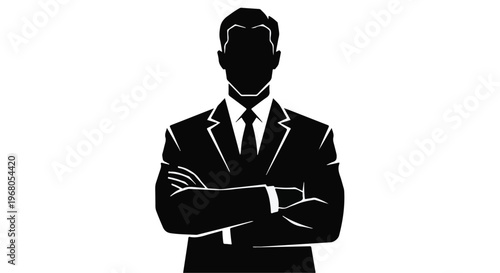 A faceless silhouette of a man in a sharp suit and tie stands with his arms crossed, conveying authority, professionalism, and business acumen on a plain background.