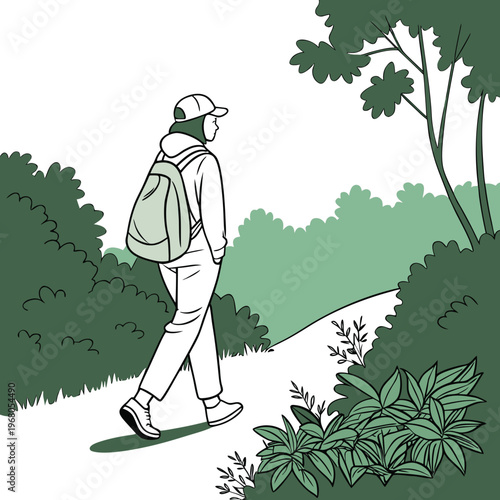 A stylized illustration depicts a person hiking along a path surrounded by lush green trees and foliage high quality professional