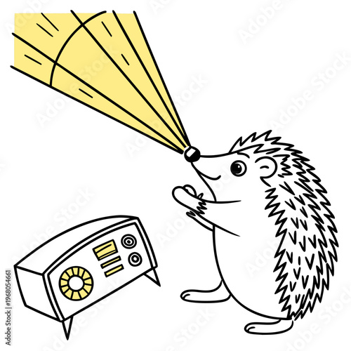 A whimsical illustration depicts a hedgehog operating a vintage film projector beaming light onto a blank screen high quality professional