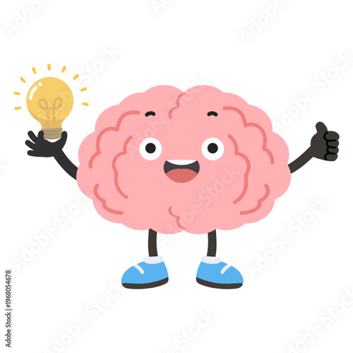 Brain holding lightbulb with thumbs up for idea