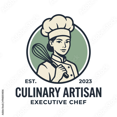 An elegant logo of a culinary artisan chef with a whisk, representing high-quality cooking services and the expertise in the culinary arts industry.