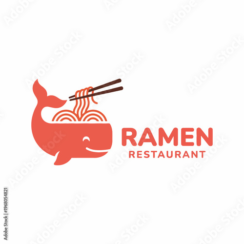 This whimsical logo features a smiling whale with ramen noodles, representing a unique culinary identity for a restaurant specializing in Japanese ramen dishes and playful branding.
