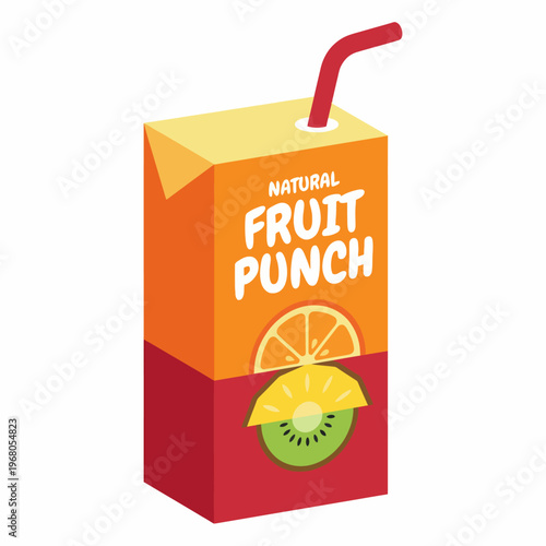 The image displays a colorful juice carton labeled 'Natural Fruit Punch', symbolizing refreshment and healthy beverage choices with vibrant fruit representations.