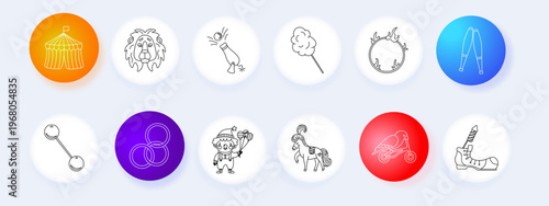 Circus performance set icon. Tent, lion, cannon, cottoncandy, ring, juggling, ball, acrobat, animal, show, entertainment, festival, performance, stage, fun, spectacle.