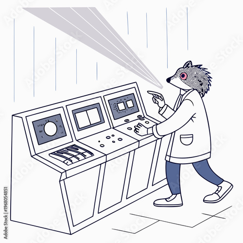 An anthropomorphic wolf wearing a lab coat intently operates a complex control panel with multiple screens high quality professional detailed