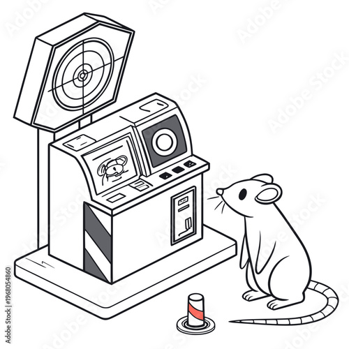 A whimsical illustration depicts a mouse curiously interacting with a vintage automated shooting gallery machine high quality professional detailed modern