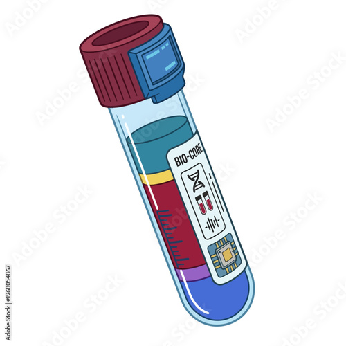 The image showcases a visually stimulating test tube labeled 'BIO-CORE', representing innovation and scientific research in biotechnology and laboratory settings with vibrant colors.