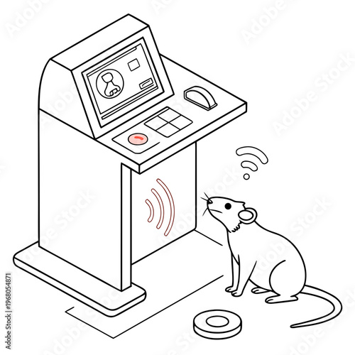 A whimsical line drawing depicts a curious mouse interacting with a modern self service kiosk featuring a touch screen display