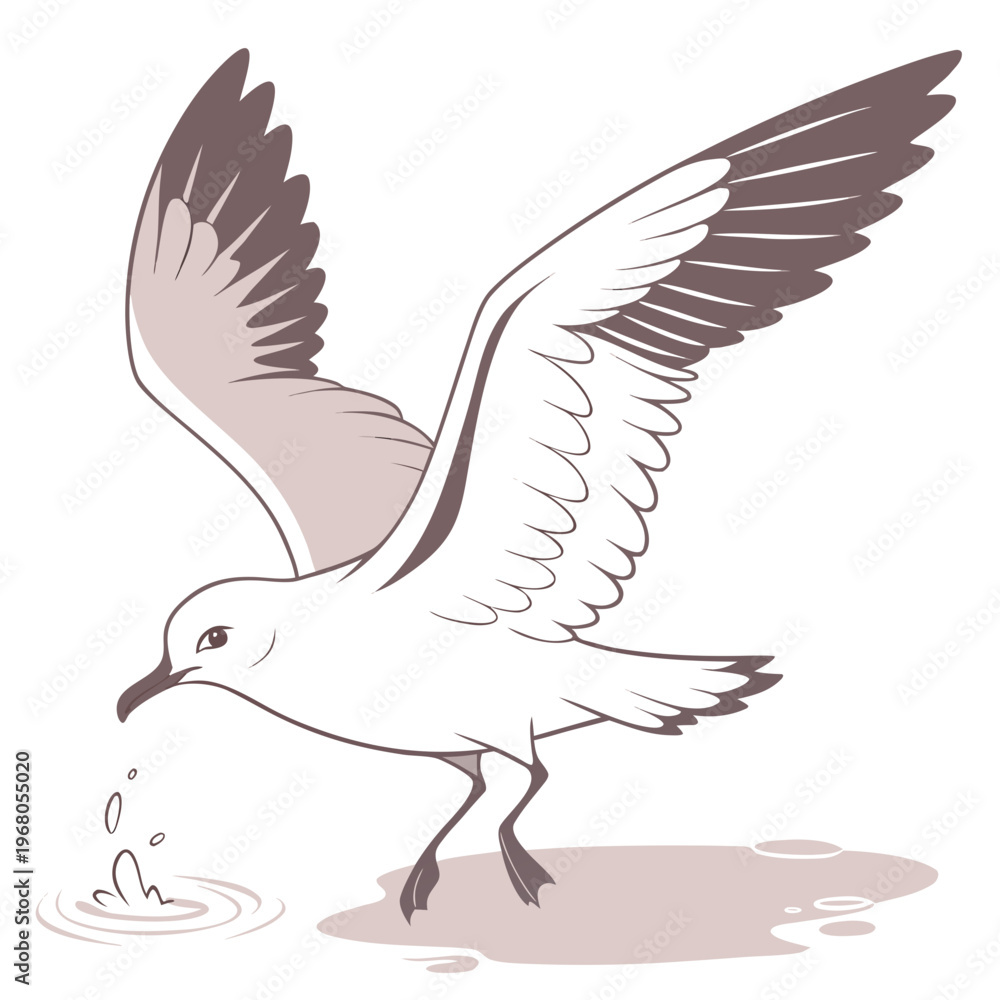 Fototapeta premium A graceful seagull soars with outstretched wings over water creating ripples and displaying a delicate illustrative style high quality professional