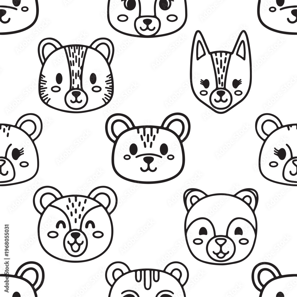 Fototapeta premium A delightful and whimsical seamless pattern featuring an array of adorable cartoon animal faces, perfect for children's designs, textiles, and playful backgrounds with a charming aesthetic