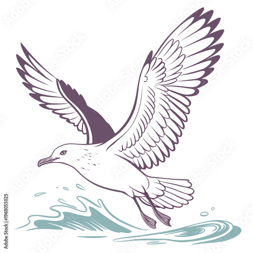 A stylized illustration depicts a seagull in flight soaring gracefully above a swirling body of water showcasing dynamic movement