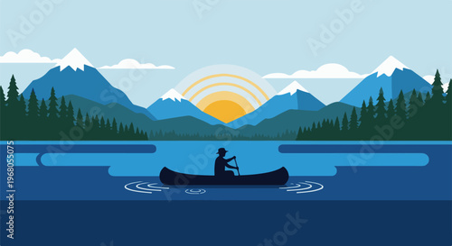 Silhouette of person in canoe paddles on a serene lake with mountains and sun