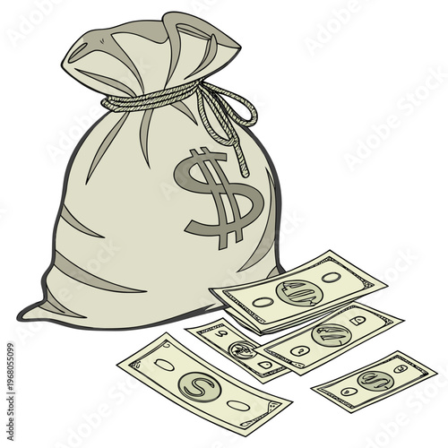 A detailed illustration depicts a bulging money bag with a dollar sign alongside scattered banknotes suggesting wealth and finance