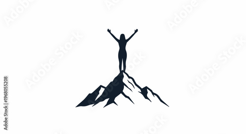Silhouette of person with arms raised victoriously atop mountain peak