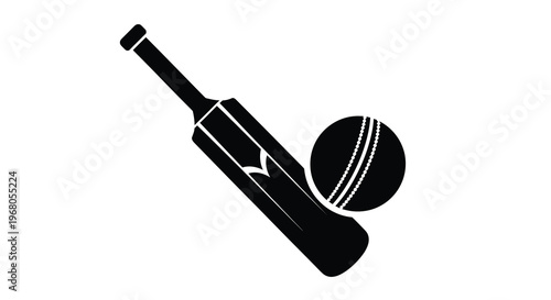 A black silhouette depicts a cricket bat and ball representing the sport of cricket high quality