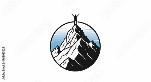 Silhouette of person with arms raised on summit of mountain peak within circle