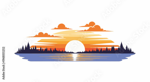 Silhouette of pine trees by a calm lake with a large setting sun