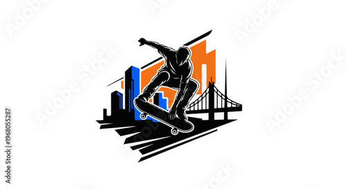 Silhouette of skateboarder mid-air against abstract cityscape and bridge