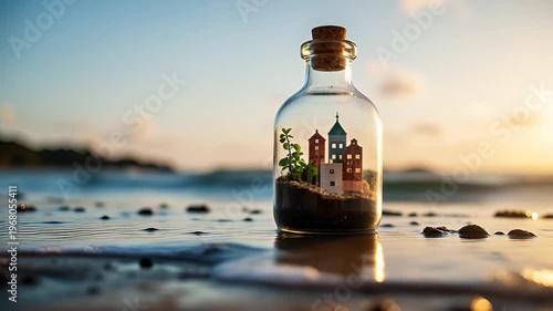 Miniature Town in a Bottle with Green Plants by the Seashore