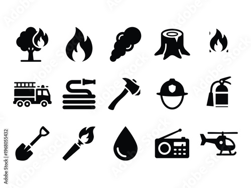 Firefighting and emergency response vector icon set. Essential safety and disaster relief graphics for web and print.