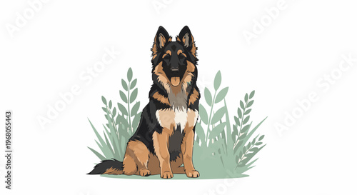 Sitting German Shepherd dog with fluffy fur and green plants