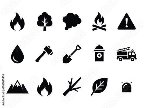 Wildfire and natural disaster warning vector icon set. Crucial safety and environmental hazard graphics for web.