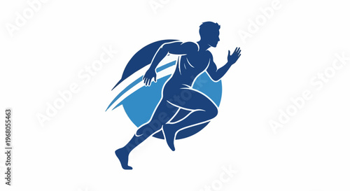 Silhouette of a runner in motion with stylized blue circles and lines